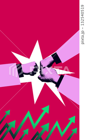 Bold colorful poster. Fist bump of three hands in photocopy texture on magenta background Bold colorful poster. Fist bump of three hands in photocopy texture on magenta background 132540519