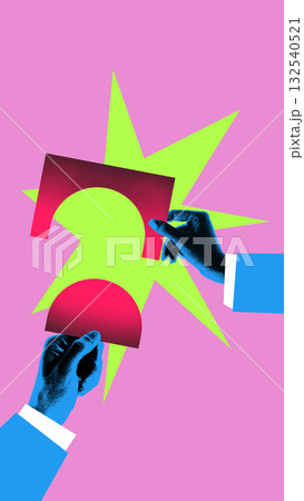 Colorful collage. Hands with photocopy texture connecting abstract pieces on pink background 132540521