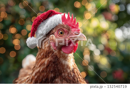 Festive chicken enjoys New Year spirit in hat Festive chicken enjoys New Year spirit in hat 132540719