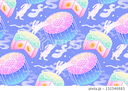 Mid-Autumn composition with mooncakes rabbits and traditional treats in hand-drawn flat style 132540883