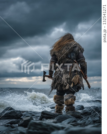 Rugged Viking warrior in fur and leather stands in forest clearing, captured with cinematic realism for mythology, strength, and epic character themes 132541271