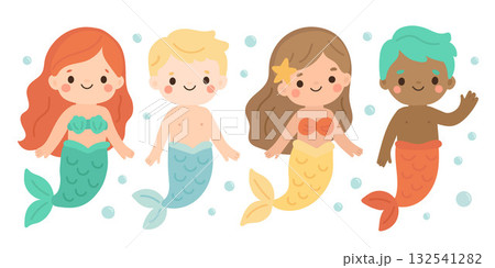 Mermaid underwater children ocean with cute cartoon sea illustration. Colorful vector tails swimming through bubbles. Magical fantasy fun for kids 132541282