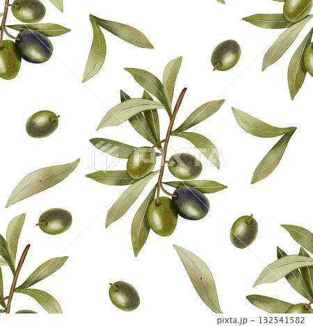 Green Olives. A seamless watercolor pattern with hand-drawn green olives, olive branches, and leaves. Food illustration. Perfect for fabric, packaging, and design. Green Olives. A seamless watercolor pattern with hand-drawn green olives, olive branches, and leaves. Food illustration. Perfect for fabric, packaging, and design. 132541582