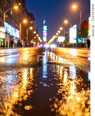 《AI画像》雨に濡れた夜の道路 《AI画像》雨に濡れた夜の道路 132541609