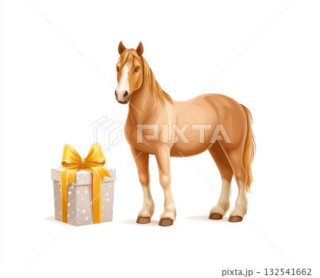 Brown horse standing beside a beautifully wrapped gift box with a golden ribbon Brown horse standing beside a beautifully wrapped gift box with a golden ribbon 132541662