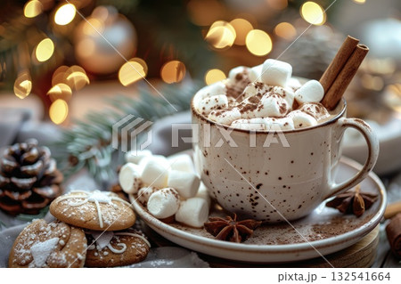 Hot chocolate with marshmallows and cinnamon sticks on a cozy holiday table setting 132541664