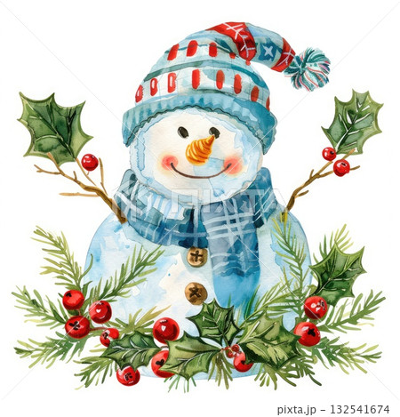 Cheerful snowman illustration wearing a colorful hat surrounded by festive holly and berries 132541674