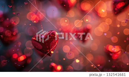 Red heart-shaped decorations hanging against a blurred background of shimmering lights and bokeh 132541681