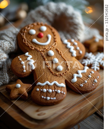Gingerbread man cookie decorated with icing and surrounded by festive holiday elements 132541682