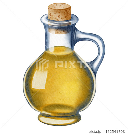 Hand drawn watercolor olive oil bottle with olives and leaves. Olive branches, leaves and fruits. For fabric, wrapping paper, scrapbooking, packaging design, kitchen, menu 132541708