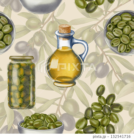 Watercolor seamless pattern with olive oil bottles, bowls with olives, branches and jugs. Food illustration. Ideal for textile design, packaging, kitchen and restaurant, menu. Watercolor seamless pattern with olive oil bottles, bowls with olives, branches and jugs. Food illustration. Ideal for textile design, packaging, kitchen and restaurant, menu. 132541716