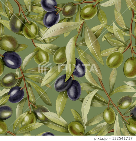 Olive Branches. A seamless watercolor pattern with hand-drawn green and black olive branches and leaves. Perfect for fabric, packaging and design, menus, and kitchen textiles. Olive Branches. A seamless watercolor pattern with hand-drawn green and black olive branches and leaves. Perfect for fabric, packaging and design, menus, and kitchen textiles. 132541717