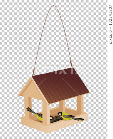 Tits eat food in a wooden feeder shaped like a house 132541807
