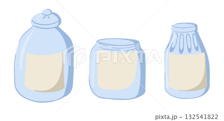 Set of three glass jars in blue tones with blank labels in simple hand drawn style. Represents kitchen storage, food preservation and minimalist home organization concept Set of three glass jars in blue tones with blank labels in simple hand drawn style. Represents kitchen storage, food preservation and minimalist home organization concept 132541822