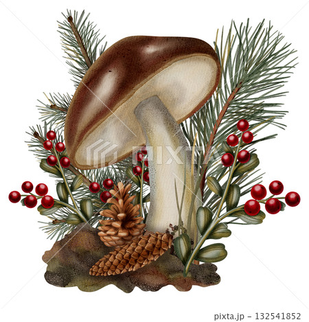 Watercolor illustration of an autumn forest, porcini mushrooms and autumn leaves, berries, and pine cones. Autumn still life. Children's illustration. Suitable for books, packaging, postcards. 132541852