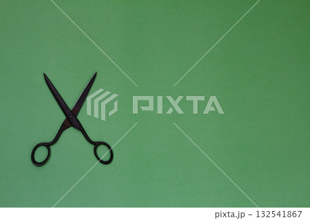 Single old soviet scissors isolated on green background 132541867