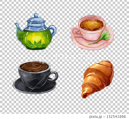 Watercolor illustrations for a cafe. Tea and coffee set, croissant. Menu elements. Watercolor illustrations for a cafe. Tea and coffee set, croissant. Menu elements. 132541898