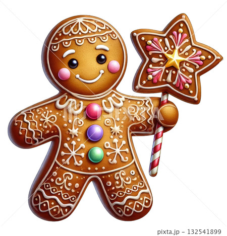 A cheerful gingerbread man holding a star cookie on a white isolated background. 132541899