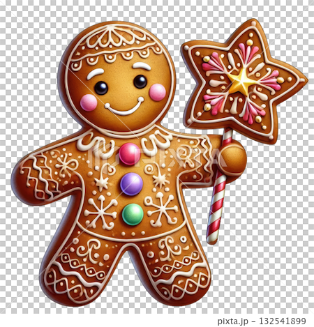 A cheerful gingerbread man holding a star cookie on a white isolated background. 132541899