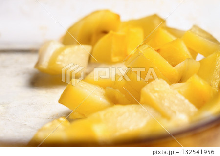 Freshly cooked roasted yellow potatoes in glass baking dish close up Freshly cooked roasted yellow potatoes in glass baking dish close up 132541956