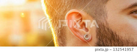 Close up of a man's ear with an ear piercing, illuminated by golden sunset light, highlighting the details of the piercing and the surrounding skin and hair 132541957