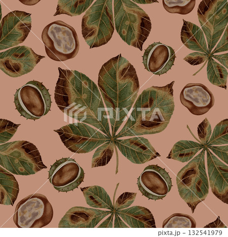 Seamless pattern with watercolor chestnuts and green-brown horse chestnut leaves. Autumn still life. Children's illustration. Suitable for books, packaging, cards, and children's clothing 132541979