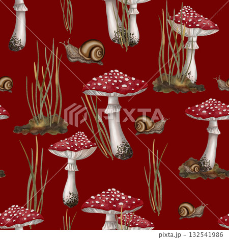 Seamless watercolor pattern with red fly agaric mushrooms, snails, and forest grass. Autumn still life. Children's illustration. Suitable for books, packaging, cards, and children's clothing Seamless watercolor pattern with red fly agaric mushrooms, snails, and forest grass. Autumn still life. Children's illustration. Suitable for books, packaging, cards, and children's clothing 132541986