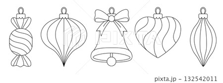 Assorted Christmas Ornament Shapes including candy, bell, heart and elongated decoration. Coloring vector set for holiday window decoration, Christmas card making, paper craft, and seasonal art class 132542011