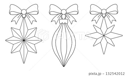 Festive Christmas decorations with ribbon bows including stars and striped elongated ball. Coloring template for Christmas gift wrapping, holiday scrapbook, tree decoration craft, seasonal art project Festive Christmas decorations with ribbon bows including stars and striped elongated ball. Coloring template for Christmas gift wrapping, holiday scrapbook, tree decoration craft, seasonal art project 132542012