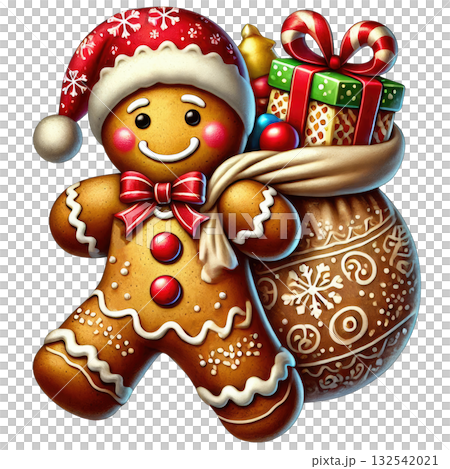 Gingerbread man with Santa hat and gift bag, white isolated background. 132542021