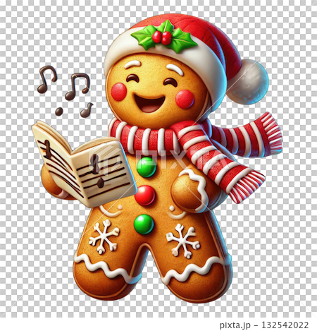 Happy gingerbread man singing carols, festive attire, isolated background. Happy gingerbread man singing carols, festive attire, isolated background. 132542022
