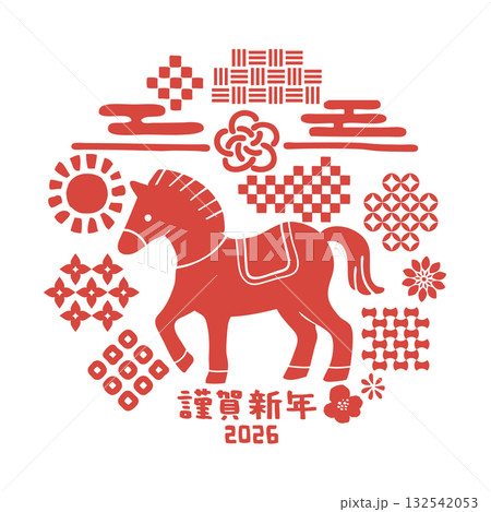 和柄と馬のハンコ風デザインイラスト 132542053