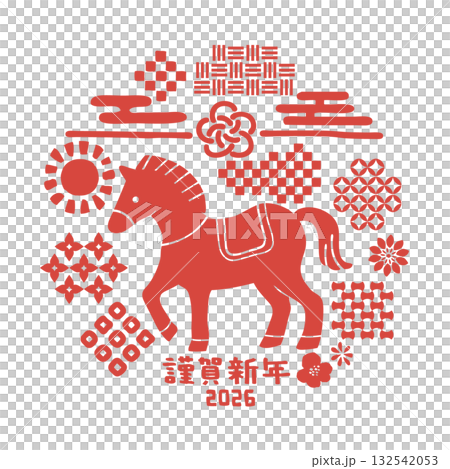 和柄と馬のハンコ風デザインイラスト 132542053
