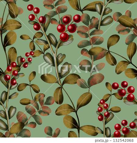 An elegant watercolor seamless pattern with branches and red berries. Autumn pattern. Autumn still life. Children's illustration. Suitable for books, packaging, postcards, and children's clothing. 132542068