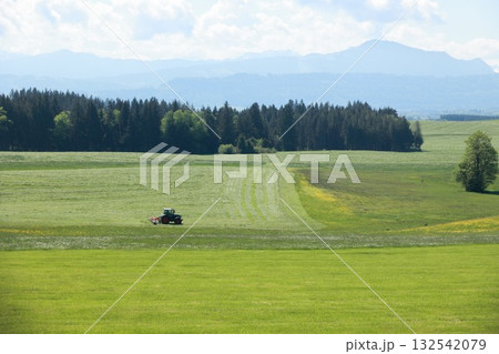 A tractor is driving through a field of grass A tractor is driving through a field of grass 132542079