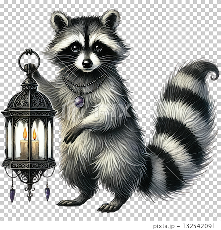 A whimsical raccoon holding a lantern, perfect for adding charm and wonder to your art or design projects. A whimsical raccoon holding a lantern, perfect for adding charm and wonder to your art or design projects. 132542091