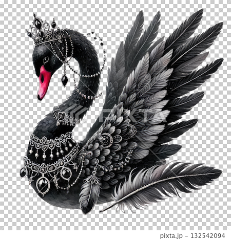 Elegantly adorned black swan with intricate feathers and jewelry, symbolizing beauty and grace in nature. 132542094