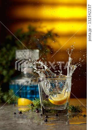 Slice of lemon fall in glass with cocktail, creating beautiful splashes. 132542237