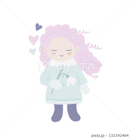 Cute illustration of a girl holding a snowdrop 132542464