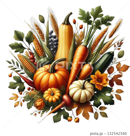 A vibrant assortment of autumn vegetables and fruits, including pumpkins, corn, and carrots, perfect for seasonal decor. A vibrant assortment of autumn vegetables and fruits, including pumpkins, corn, and carrots, perfect for seasonal decor. 132542580