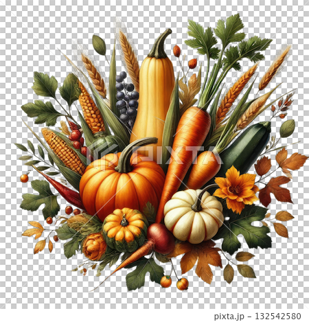 A vibrant assortment of autumn vegetables and fruits, including pumpkins, corn, and carrots, perfect for seasonal decor. A vibrant assortment of autumn vegetables and fruits, including pumpkins, corn, and carrots, perfect for seasonal decor. 132542580