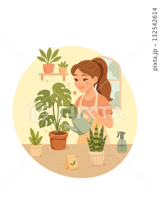Woman watering houseplants in cozy home, flat vector illustration Woman watering houseplants in cozy home, flat vector illustration 132542614