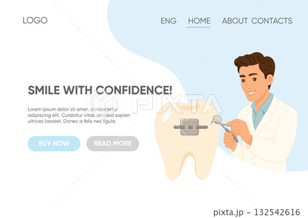 Flat dental website banner with orthodontist and braces illustration 132542616
