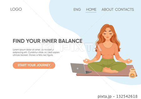Landing page with woman doing virtual yoga at home on computer Landing page with woman doing virtual yoga at home on computer 132542618