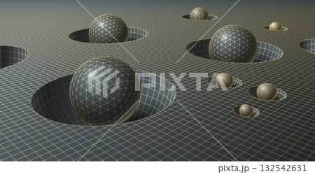 Retro-futuristic 80s grid landscape with geometric spheres in polygonal holes, vintage synthwave and science fiction art 132542631