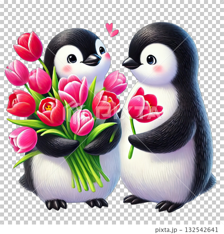 Two cute penguins holding flowers, colorful illustration on white background. Two cute penguins holding flowers, colorful illustration on white background. 132542641