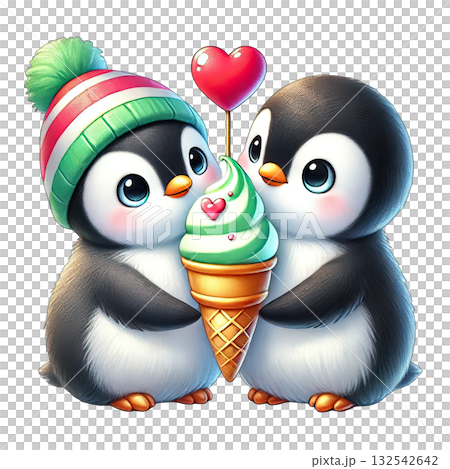 Two cute penguins sharing an ice cream cone with a heart-shaped balloon. 132542642