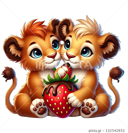 Two adorable lion cubs sharing a strawberry, cute expression, white isolate background. Two adorable lion cubs sharing a strawberry, cute expression, white isolate background. 132542652
