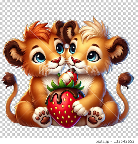 Two adorable lion cubs sharing a strawberry, cute expression, white isolate background. Two adorable lion cubs sharing a strawberry, cute expression, white isolate background. 132542652