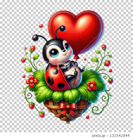 Playful ladybug holding a heart balloon in a floral design. Playful ladybug holding a heart balloon in a floral design. 132542844